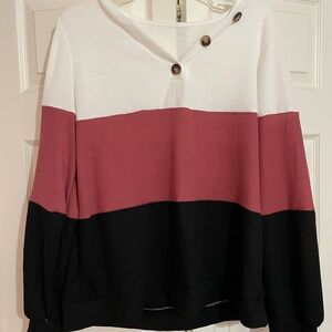 SHEIN Women's V-Neck Sweater - White, Pink, and Black